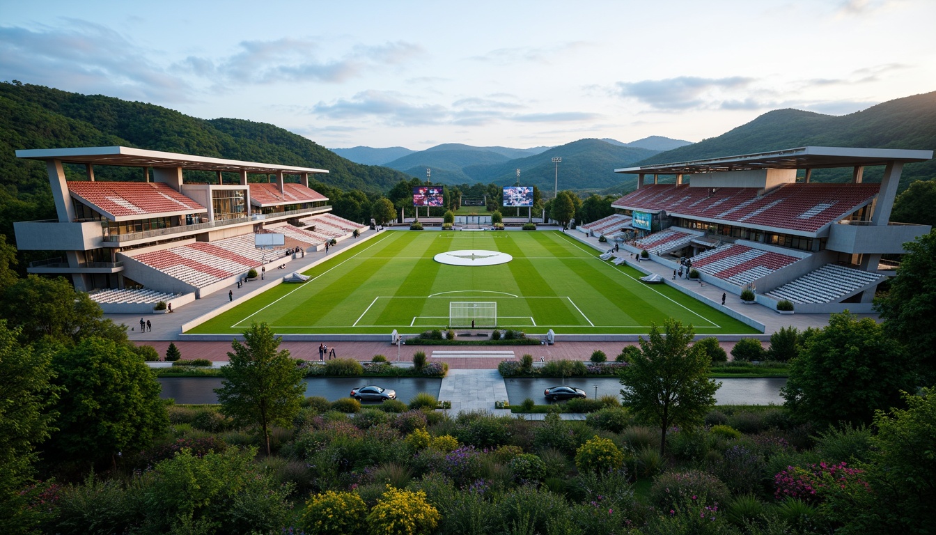 Prompt: Panoramic football stadium, lush green landscape, rolling hills, natural stone seating areas, vibrant flower beds, modern architecture, sleek metal structures, transparent roofs, cantilevered upper decks, dynamic lighting systems, misting systems, shaded spectator zones, eco-friendly materials, sustainable water management, integrated rainwater harvesting, native plant species, curved walkways, grand entrance gates, dramatic evening lighting, shallow depth of field, 3/4 composition, realistic textures, ambient occlusion.