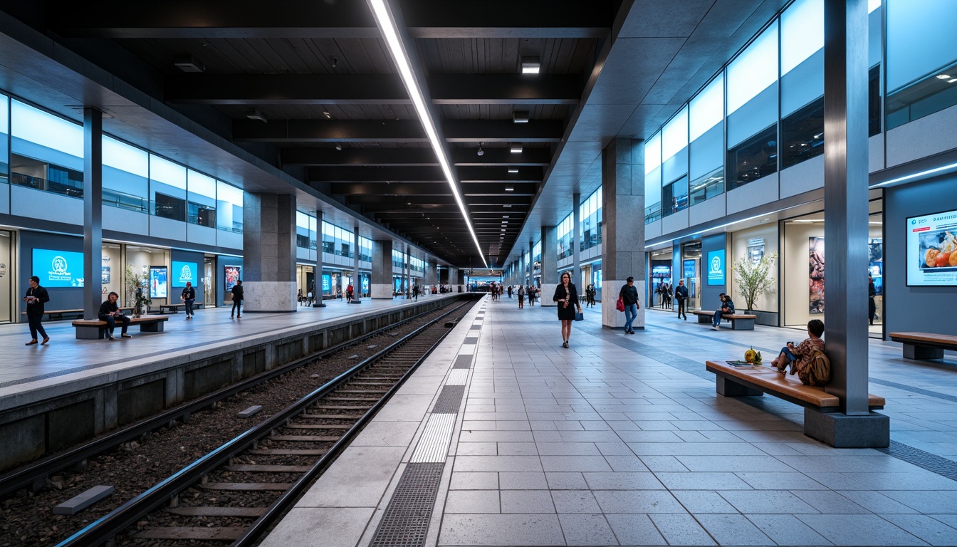 Prompt: Modern metro station interior, sleek glass walls, stainless steel handrails, bright LED lighting, spacious platforms, comfortable seating areas, vibrant color schemes, geometric patterned floors, futuristic digital displays, real-time information boards, efficient wayfinding systems, convenient retail spaces, natural stone accents, minimalist architectural design, high ceilings, airy atmosphere, shallow depth of field, 1/1 composition, realistic textures, ambient occlusion.