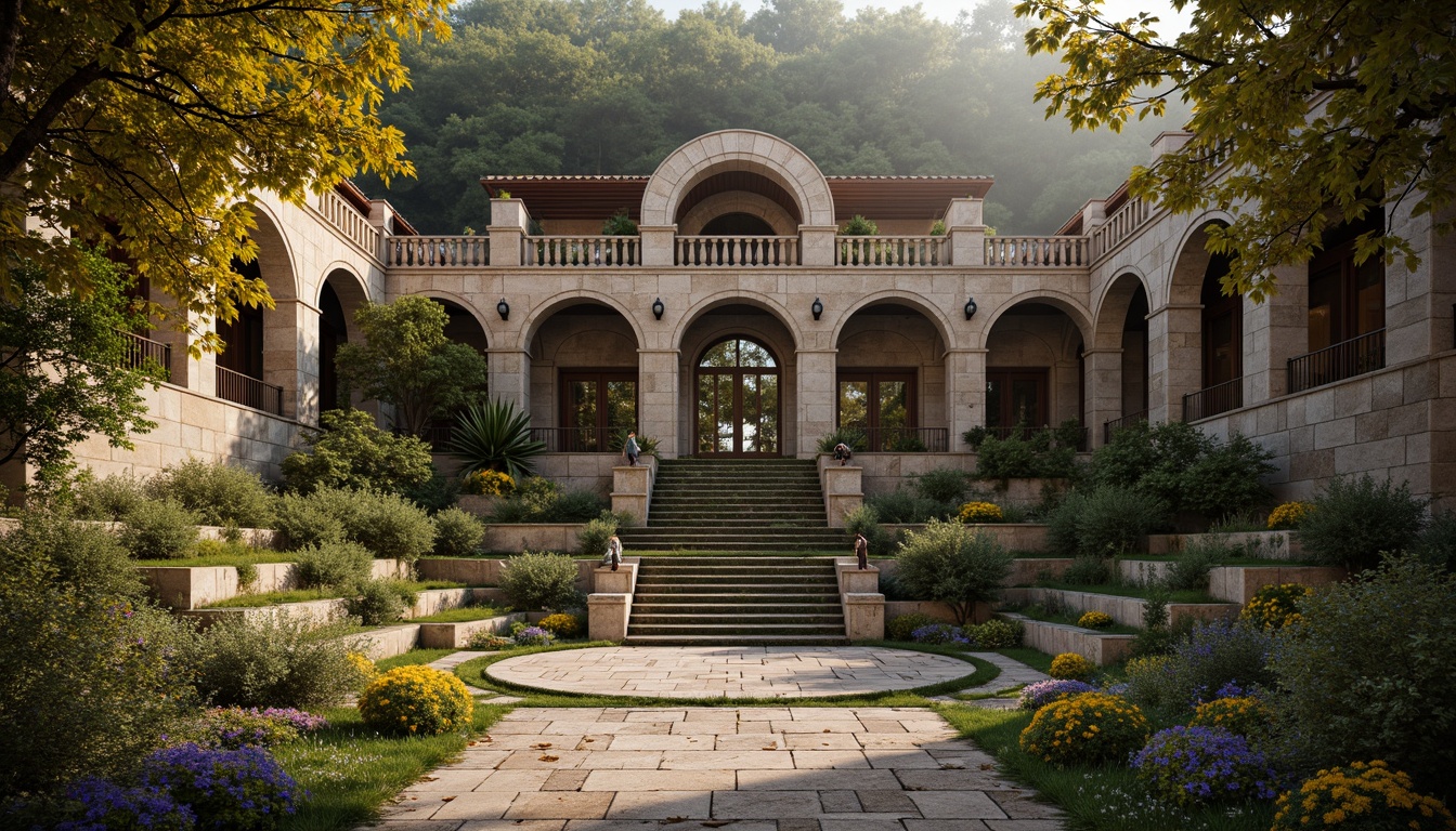 Prompt: Rustic stone amphitheater, Romanesque arches, ornate carvings, grand entrance gates, weathered stone walls, moss-covered steps, lush greenery, vibrant flowers, natural stone seating, curved rows of benches, dramatic spotlights, warm golden lighting, shallow depth of field, 1/2 composition, symmetrical framing, realistic textures, ambient occlusion.