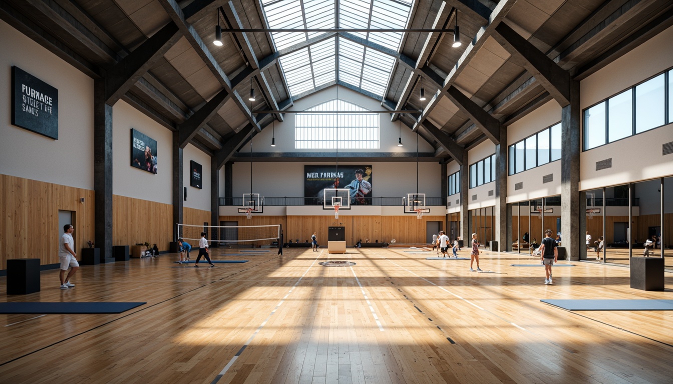 Prompt: Modern gymnasium interior, high ceilings, polished wooden floors, mirrored walls, professional sports equipment, basketball hoops, volleyball nets, athletic tracks, exercise machines, free weights, yoga mats, sound systems, motivational quotes, natural light, clerestory windows, skylights, LED lighting, 3-point perspective, shallow depth of field, realistic textures, ambient occlusion.