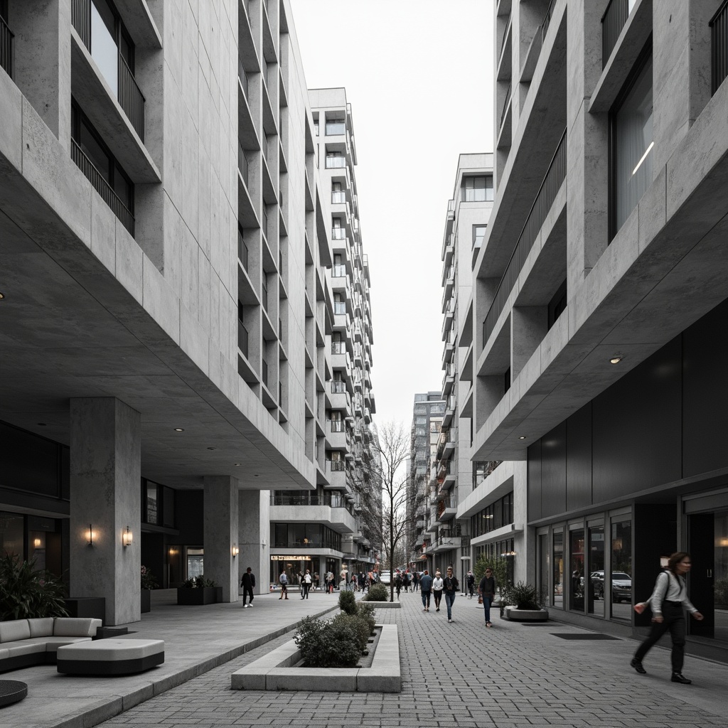 Prompt: Geometric buildings, brutalist architecture, raw concrete textures, industrial materials, minimalist decor, open floor plans, functional spaces, modular furniture, urban cityscape, busy streets, modern skyscrapers, abstract sculptures, monochromatic color scheme, high-contrast lighting, dramatic shadows, 1/1 composition, symmetrical framing, stark contrast, atmospheric perspective.