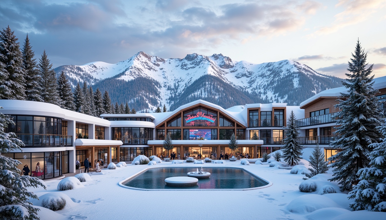 Prompt: Snow-capped mountains, frosty pine trees, modern ski resort architecture, sleek glass facades, angular metal frames, minimalist design, vibrant neon signage, icy blue accents, snowflake patterns, frozen water features, winter sports equipment, ski lifts, gondolas, mountain peaks, cloudy skies, soft warm lighting, shallow depth of field, 3/4 composition, panoramic view, realistic textures, ambient occlusion.