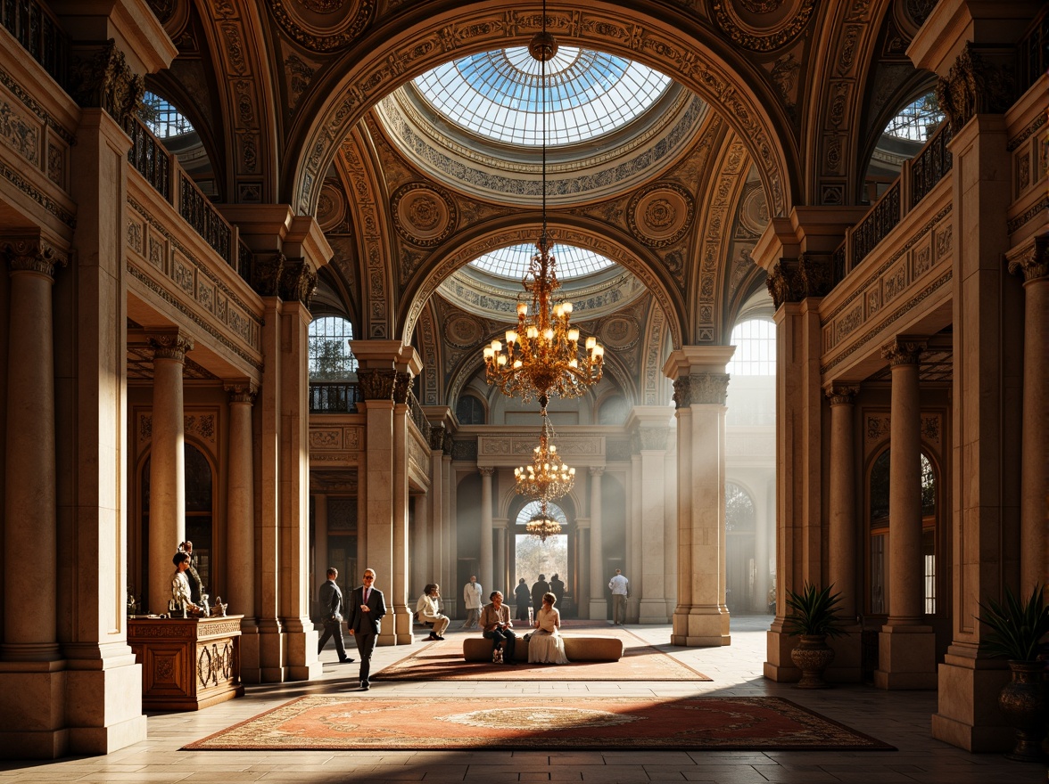 Prompt: Intricate arches, ornate carvings, golden mosaics, grand domes, majestic columns, ornamental capitals, richly patterned textiles, lavish furnishings, opulent chandeliers, warm candlelight, soft shadows, atmospheric ambiance, 1/1 composition, symmetrical framing, high-contrast lighting, realistic stone textures, ambient occlusion, Byzantine-inspired motifs, ancient Greek influences, Romanesque Revival elements.