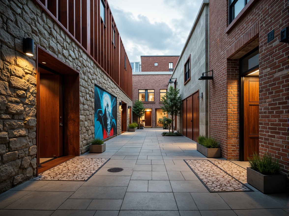 Prompt: Rough stone walls, weathered wooden planks, rusty metal cladding, smooth concrete floors, intricate tile patterns, vibrant colorful murals, natural brick facades, ornate stucco details, distressed finishes, industrial chic aesthetic, urban cityscape, cloudy grey sky, dramatic spotlighting, high contrast shadows, 1/1 composition, symmetrical framing, realistic material textures, ambient occlusion.