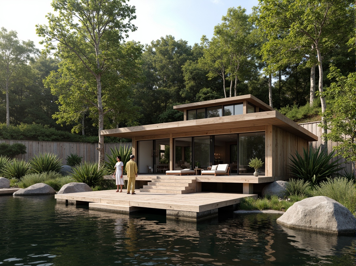 Prompt: Waterfront boathouse, rustic wooden dock, serene lake scenery, lush greenery, weathered wood cladding, corrugated metal accents, modern minimalist design, large windows, sliding glass doors, natural stone foundations, cantilevered rooflines, overhanging eaves, warm soft lighting, shallow depth of field, 3/4 composition, panoramic view, realistic textures, ambient occlusion.