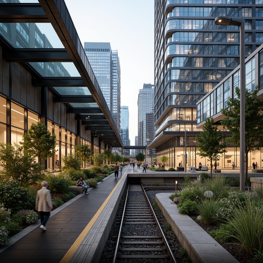 Prompt: Modern train station, sleek glass roofs, rainwater harvesting systems, green walls, lush vegetation, natural stone flooring, stainless steel handrails, LED lighting, energy-efficient systems, water conservation measures, grey water reuse, flood-resistant design, elevated platforms, cantilevered canopies, transparent glass fa\u00e7ades, urban landscape views, bustling city atmosphere, soft warm lighting, shallow depth of field, 3/4 composition, panoramic view, realistic textures, ambient occlusion.