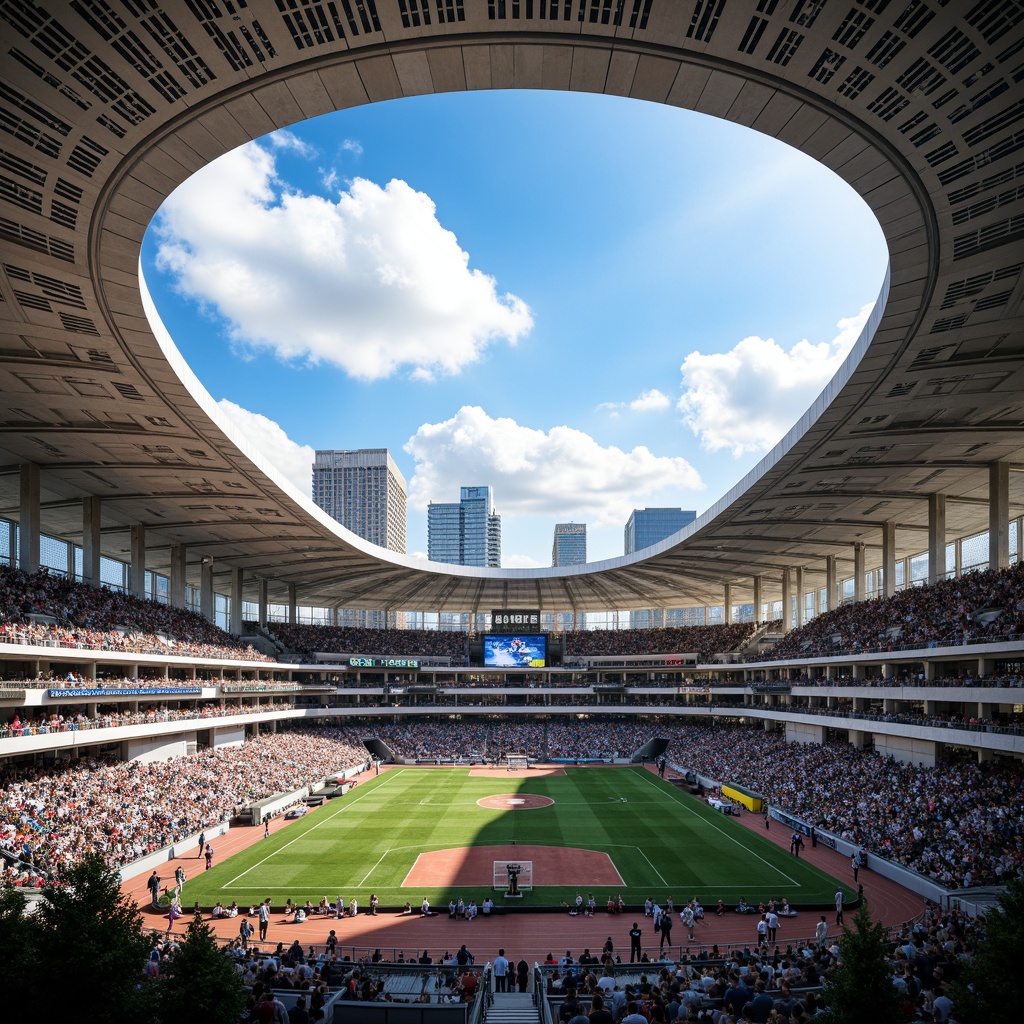 Prompt: Modern stadium architecture, perforated metal panels, sleek curved lines, cantilevered roofs, vibrant LED lighting, bustling crowd atmosphere, urban cityscape backdrop, sunny day with fluffy clouds, shallow depth of field, 1/2 composition, realistic reflections, ambient occlusion, natural stone flooring, polished concrete walls, dynamic sports equipment, athletic tracks, goalposts, scoreboards, spectator seating areas, VIP lounges, concession stands, modern amenities, sustainable building materials, energy-efficient systems.