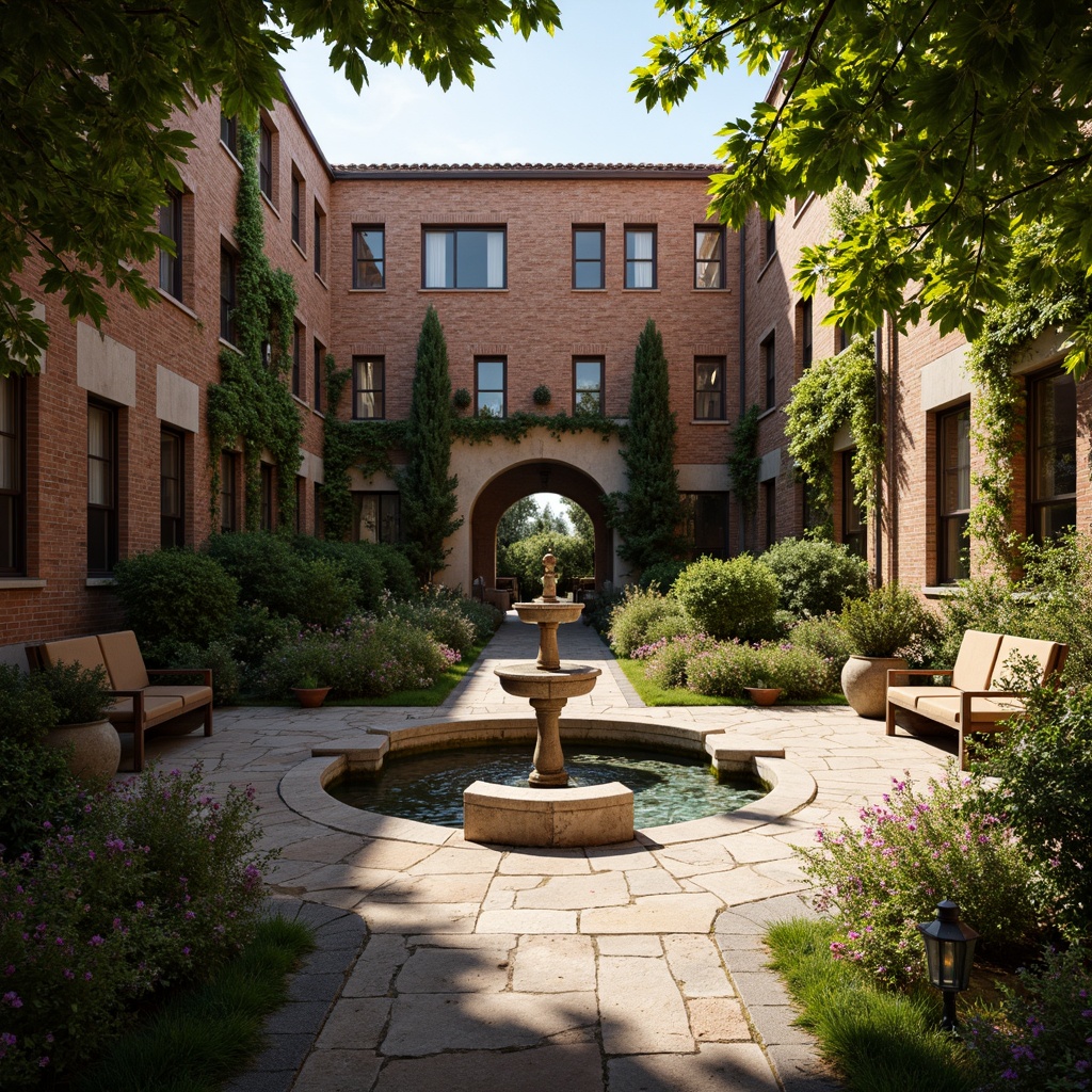 Prompt: Renaissance-style hostel courtyard, lush greenery, ornate fountains, rustic stone pathways, vintage lanterns, wooden benches, distressed brick walls, ivy-covered trellises, blooming flowerbeds, sunny afternoon, warm golden lighting, shallow depth of field, 1/2 composition, intimate atmosphere, realistic textures, ambient occlusion.