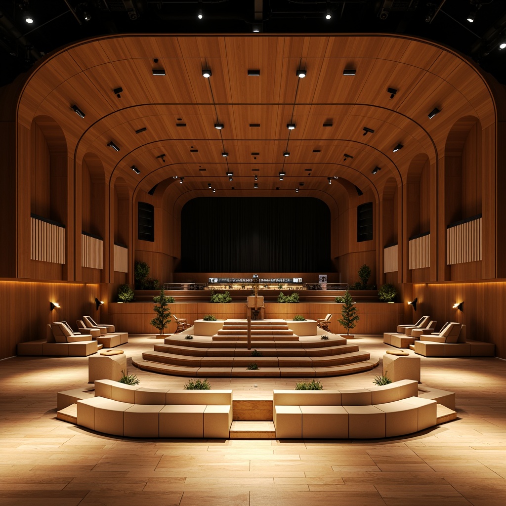 Prompt: Futuristic concert hall, sleek curved lines, polished wooden floors, sound-absorbing panels, state-of-the-art speakers, minimalist seating, premium acoustic materials, optimized reverberation time, precise sound wave manipulation, immersive audio experience, 3D audio rendering, dynamic lighting systems, warm color tones, shallow depth of field, 1/2 composition, realistic textures, ambient occlusion.