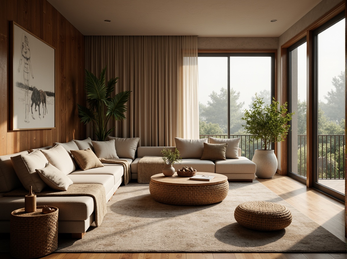 Prompt: Cozy living room, plush sofas, soft cushions, warm throw blankets, natural fiber upholstery, velvet fabrics, subtle sheen, earthy tones, calming atmosphere, gentle lighting, wooden accents, woven baskets, potted plants, floor-to-ceiling windows, sheer curtains, diffused sunlight, comfortable seating, ergonomic design, acoustic panels, sound-absorbing materials.