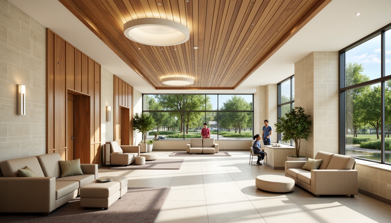 Prompt: Soothing healthcare facility, calming color schemes, natural wood accents, comfortable seating areas, gentle lighting fixtures, acoustic ceiling panels, minimalist decor, ergonomic furniture, circular nurse stations, private patient rooms, large windows, abundant natural light, serene outdoor gardens, water features, lush greenery, warm beige tones, soft carpeting, subtle textures, 1/1 composition, shallow depth of field, realistic renderings.