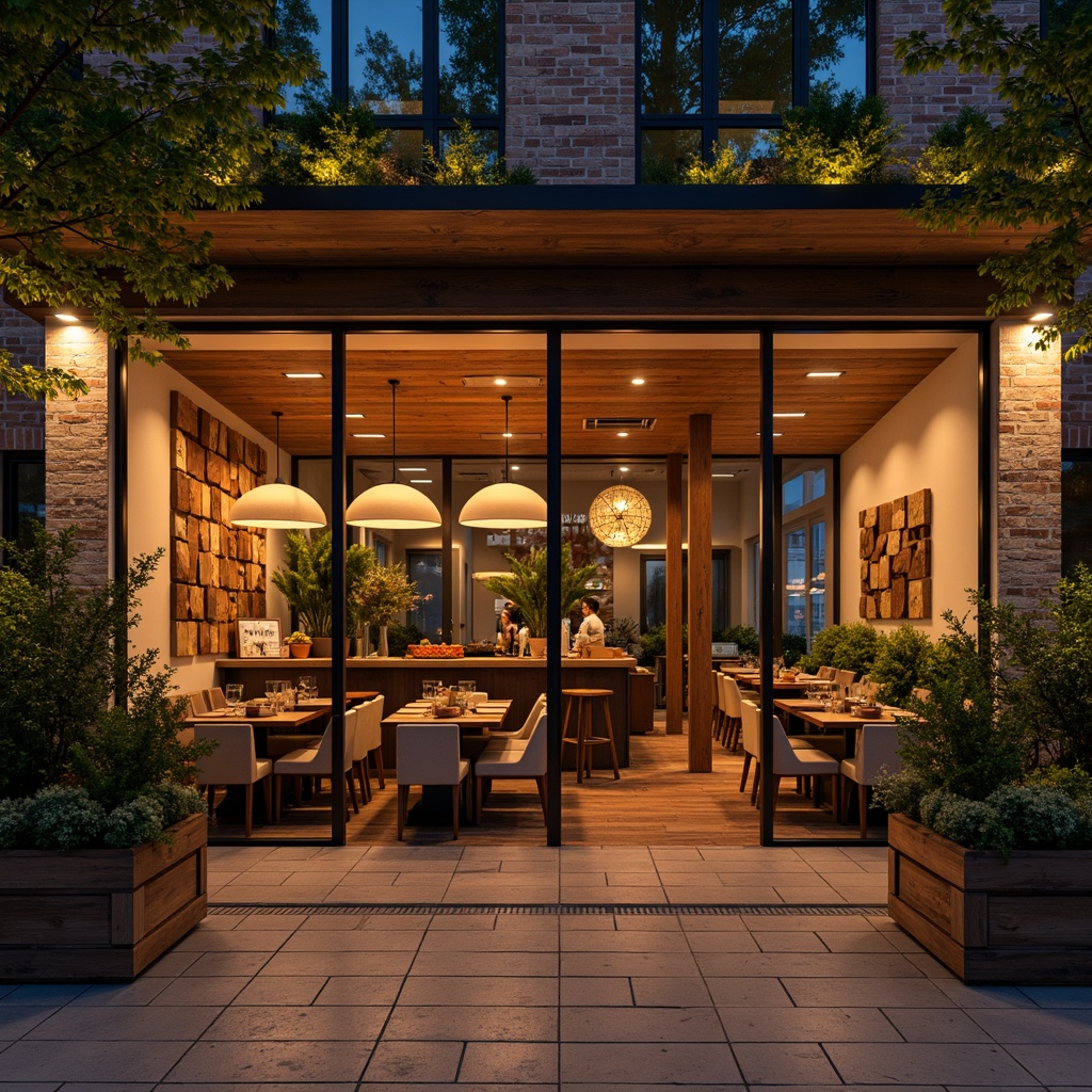 Prompt: Warm inviting restaurant facade, rustic wooden accents, earthy tone brick walls, large glass windows, sliding doors, outdoor seating areas, lush greenery, pendant lighting, natural stone flooring, reclaimed wood decorations, cozy ambiance, soft warm lighting, shallow depth of field, 3/4 composition, panoramic view, realistic textures, ambient occlusion.