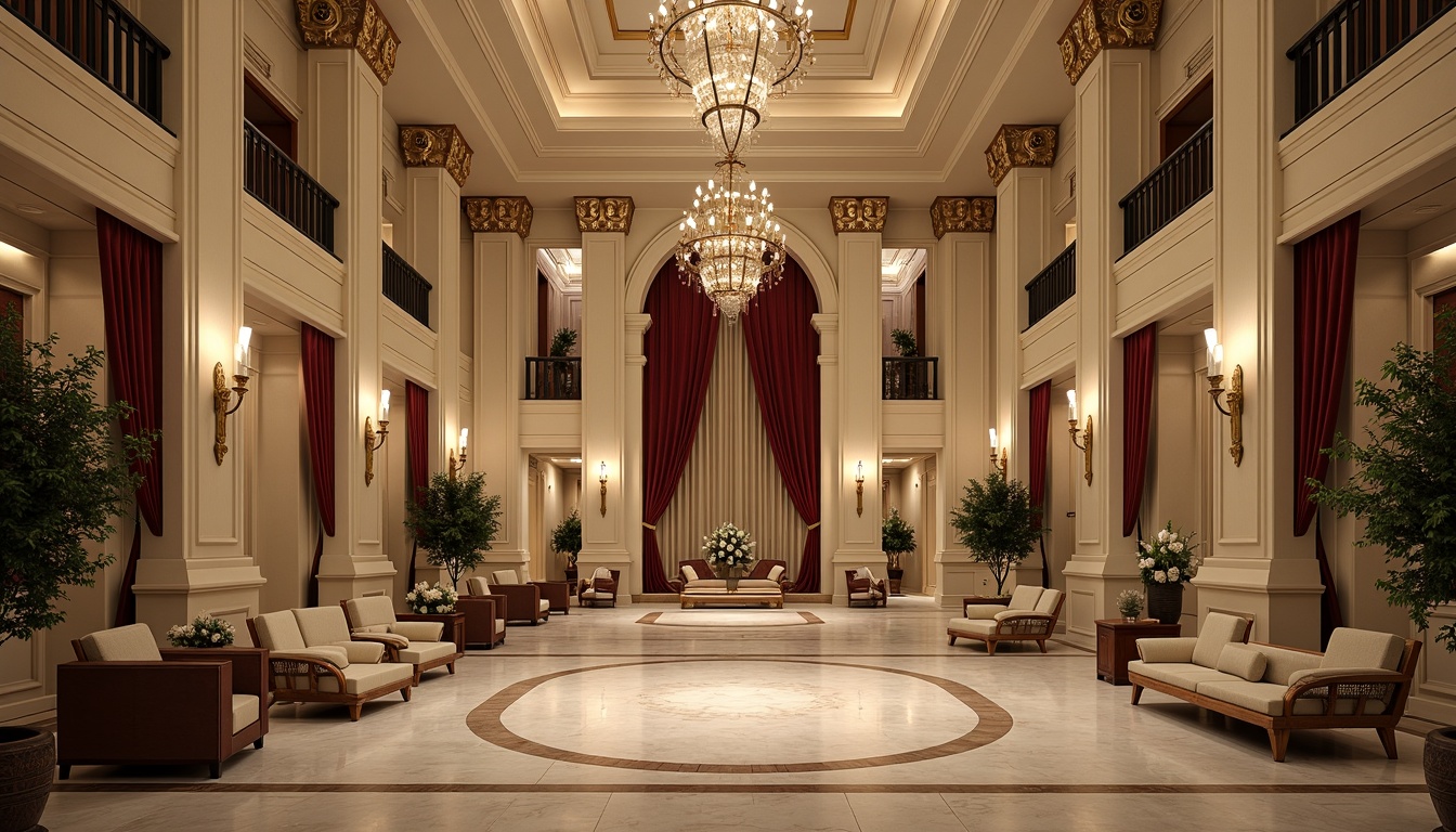 Prompt: Grandiose hotel facade, neoclassical architecture, ornate columns, intricately carved details, symmetrical composition, majestic entrance, opulent chandeliers, lavish furnishings, rich velvet drapes, gilded accents, marble floors, high ceilings, stately staircases, elegant balustrades, refined moldings, subtle lighting, warm beige tones, soft focus, shallow depth of field, 2/3 composition, realistic textures, ambient occlusion.