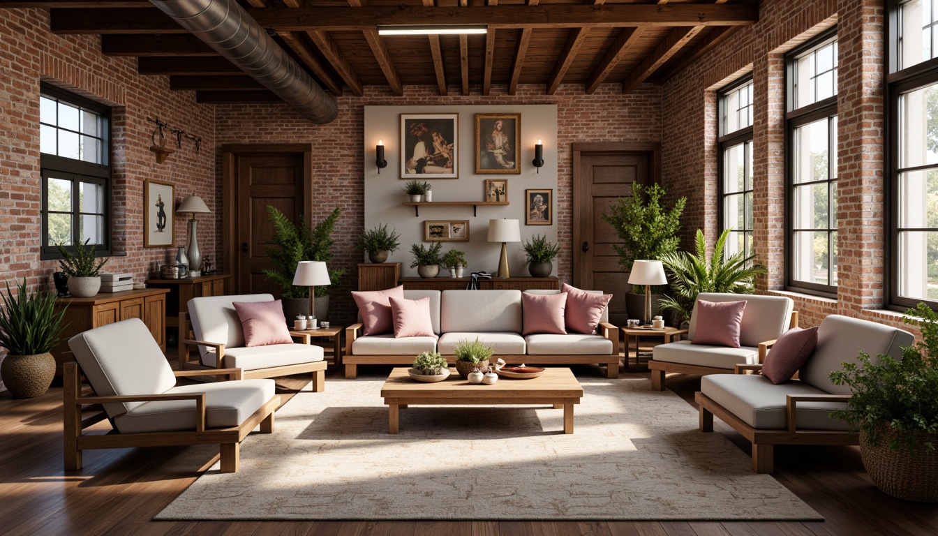 Prompt: Warm industrial loft, exposed brick walls, wooden beams, metal accents, soft warm lighting, cozy atmosphere, rich textiles, plush furnishings, vintage decorative items, distressed finishes, earthy tone color scheme, muted pastels, blush pinks, mauve, sage greens, creamy whites, warm beiges, rustic wood tones, natural stone floors, industrial chic decor, romantic ambiance, intimate setting, soft focus, shallow depth of field, 1/1 composition, realistic textures, ambient occlusion.