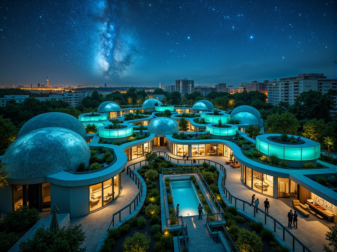 Prompt: Celestial planetarium, social housing complex, vibrant blue-green color scheme, neon-lit accents, futuristic architecture, curved lines, domed roofs, starry night sky, ambient lighting, soft glow, cozy communal spaces, minimalist furniture, sleek metal railings, glass balconies, urban cityscape, bustling streets, diverse community, inclusive design, accessible amenities, rooftop gardens, green roofs, solar panels, sustainable living, eco-friendly materials, innovative water management systems, shaded outdoor areas, misting systems, dynamic lighting effects, immersive experiences.