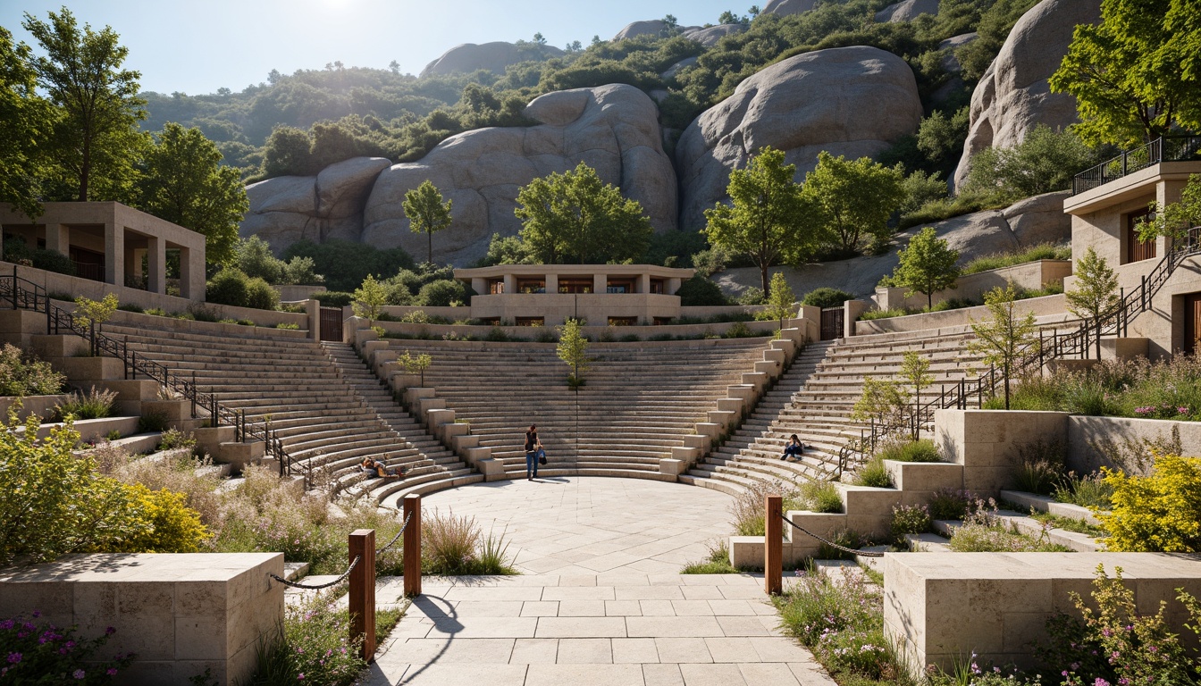 Prompt: Amphitheater-inspired constructivist architecture, grandiose stone steps, curved seating areas, ornate metal railings, lush greenery, vibrant flowers, natural rock formations, rustic wooden accents, earthy color palette, warm sunny day, soft diffused lighting, shallow depth of field, 3/4 composition, panoramic view, realistic textures, ambient occlusion.