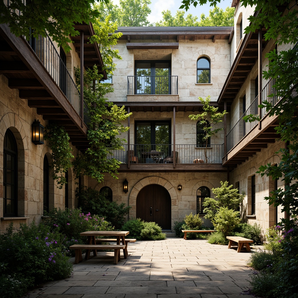 Prompt: Rustic dormitory courtyard, lush greenery, ancient stone walls, arched windows, ornate ironwork, weathered brick facades, cozy reading nooks, wooden benches, lantern-style lighting, soft warm glow, shallow depth of field, 1/1 composition, intimate atmosphere, realistic textures, ambient occlusion, natural stone pathways, meandering vines, blooming flowers, sunny afternoon, gentle breeze.