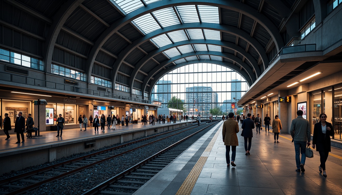 Prompt: Modern train station, sleek metal framework, large glass ceilings, bright LED lighting, warm color temperatures, high-contrast ratios, dynamic light simulations, realistic reflections, ambient occlusion, shallow depth of field, 3/4 composition, panoramic view, busy passenger traffic, rush hour atmosphere, urban cityscape, concrete flooring, steel beams, industrial design elements, futuristic architecture, energy-efficient systems, sustainable lighting solutions, motion sensors, automated lighting controls, soft warm glow, dramatic shadows.