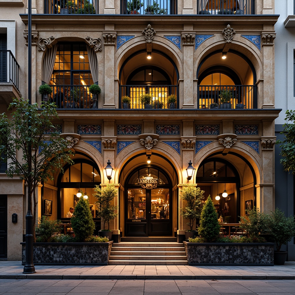 Prompt: Ornate pub facade, intricate stone carvings, grandiose entrance arches, ornamental metalwork, vibrant colorful tiles, eclectic mix of architectural styles, asymmetrical composition, irregular shapes, bold geometric patterns, rich textures, warm golden lighting, dramatic shadows, 1/1 composition, low-angle shot, cinematic atmosphere, realistic materials, ambient occlusion.