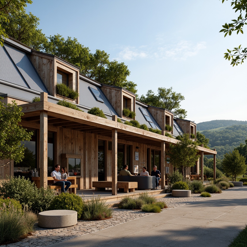 Prompt: Rustic store facade, wooden accents, corrugated metal roofing, green roof systems, solar panels, skylights, clerestory windows, natural ventilation, exposed beams, reclaimed wood, earthy tones, rural landscape, rolling hills, countryside views, warm sunny day, soft diffused lighting, 1/1 composition, realistic textures, ambient occlusion.