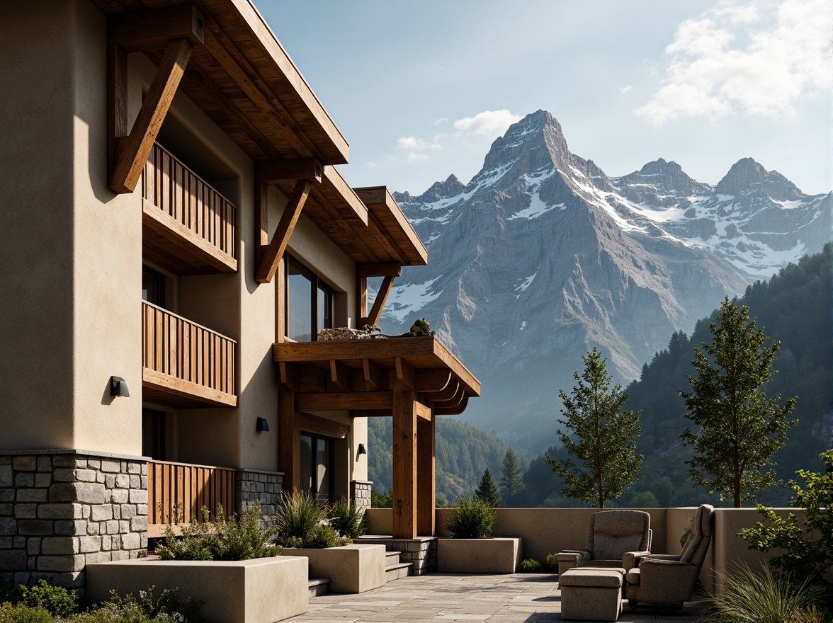 Prompt: Rugged mountain peaks, snow-capped summits, earthy tones, weathered wood accents, natural stone walls, rustic metal fixtures, warm beige stucco, rich brown timbers, misty atmospheric effects, soft crepuscular lighting, shallow depth of field, 2/3 composition, cinematic view, realistic rock textures, ambient occlusion.