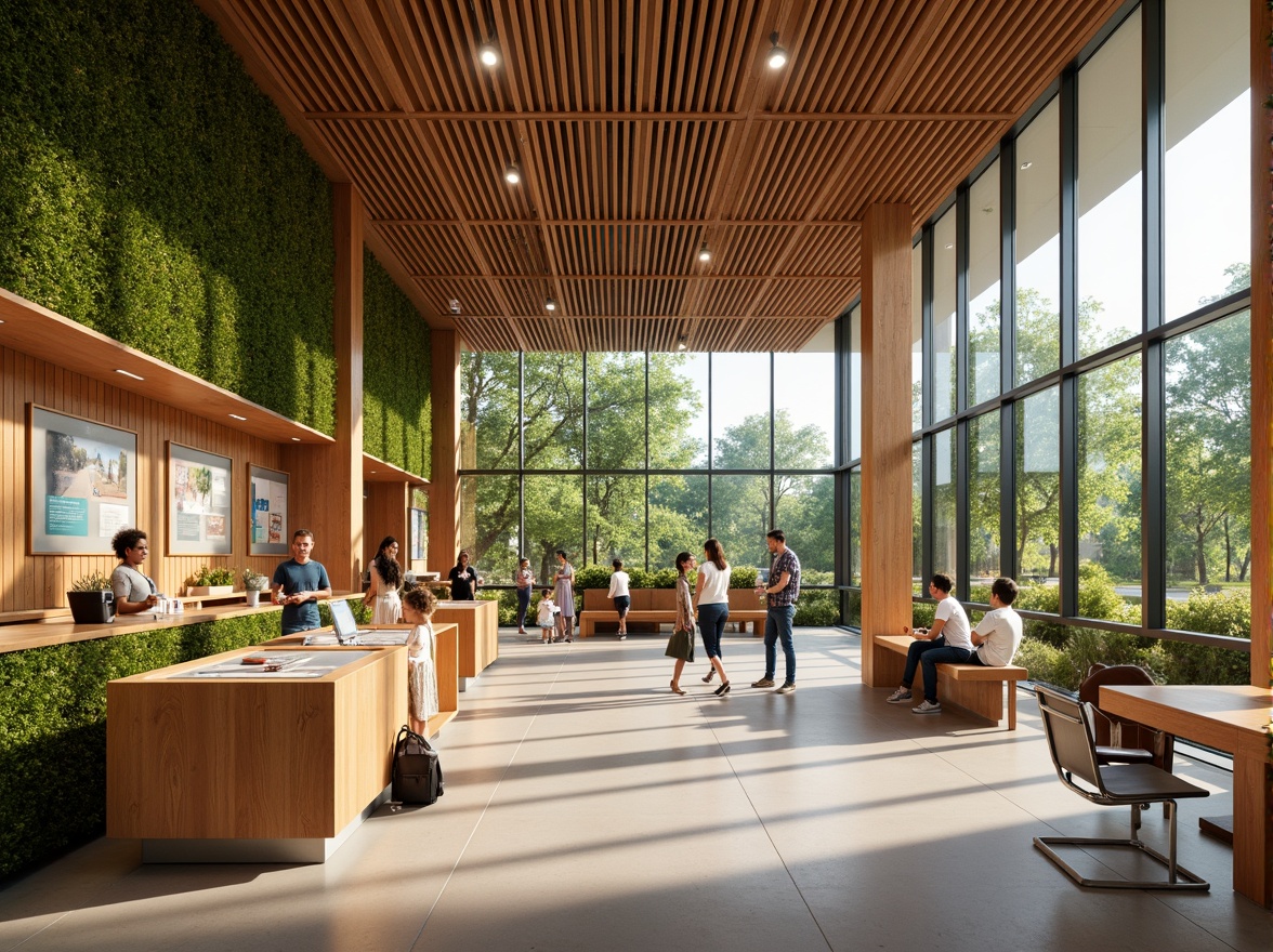 Prompt: Vibrant visitor center, warm earthy tones, natural wood accents, living green walls, educational exhibits, interactive displays, modern minimalist architecture, large windows, sliding glass doors, abundant natural light, soft warm lighting, shallow depth of field, 3/4 composition, panoramic view, realistic textures, ambient occlusion.