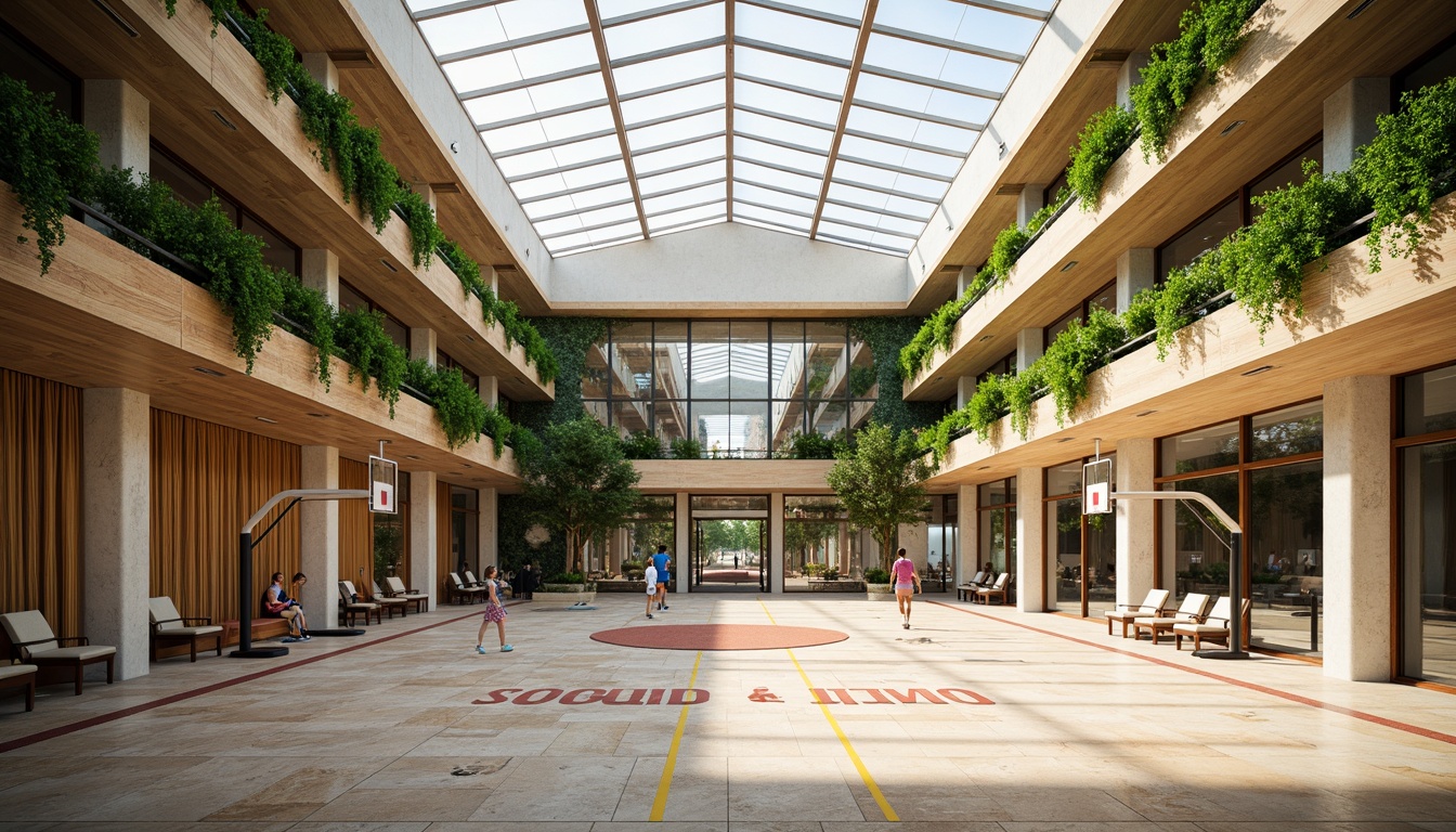 Prompt: Spacious gymnasium interior, high ceilings, clerestory windows, skylights, transparent roof, natural stone flooring, wooden accents, athletic equipment, basketball hoops, volleyball nets, exercise machines, mirrored walls, motivational quotes, bright color scheme, abundant greenery, living walls, vertical gardens, soft warm lighting, shallow depth of field, 1/1 composition, realistic textures, ambient occlusion.