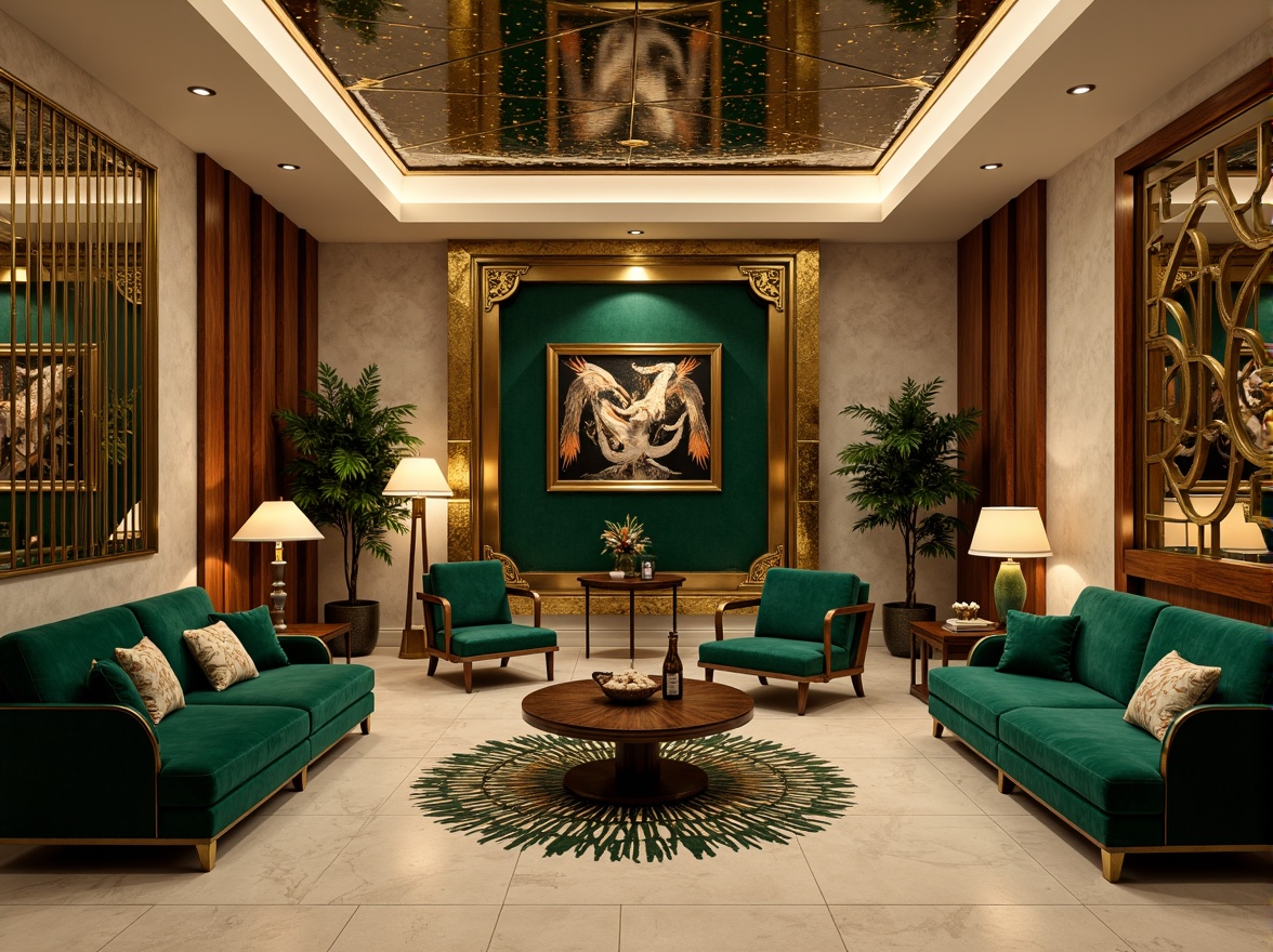 Prompt: Luxurious Art Deco interior, opulent metallic accents, rich jewel-toned colors, bold geometric patterns, lavish ornate details, glamorous 1920s inspiration, sophisticated neutral background, creamy whites, warm beiges, deep emerald greens, luxurious gold leafing, velvety blacks, dramatic lighting effects, high-contrast shadows, ornate mirrors, intricate inlays, exotic wood veneers, sumptuous fabrics, lavish textures, metallic sheens, glamorous ambiance, nostalgic vintage flair.