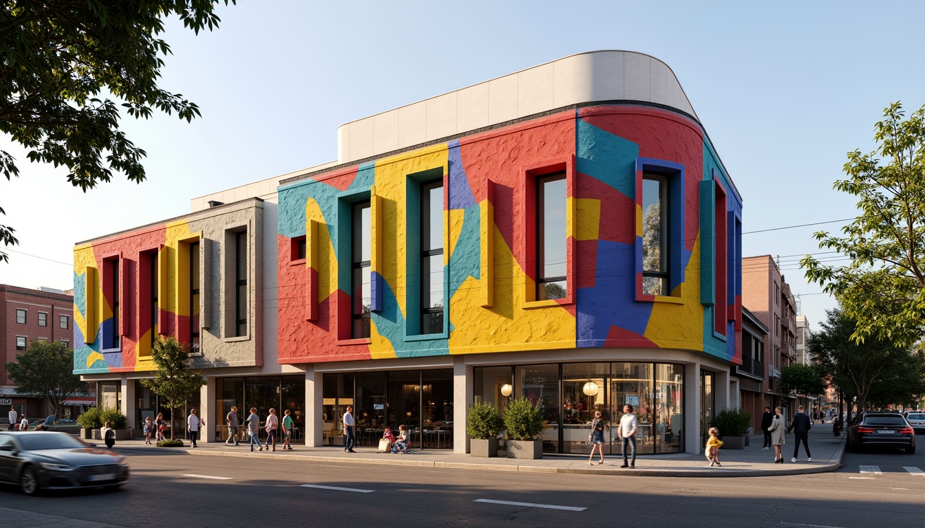 Prompt: Vibrant community center, expressionist facade design, bold geometric shapes, bright primary colors, irregular forms, abstract patterns, dynamic textures, rough concrete walls, angular metal frames, oversized windows, asymmetrical composition, dramatic shadows, warm golden lighting, shallow depth of field, 1/1 composition, realistic materials, ambient occlusion, urban cityscape, bustling streets, pedestrian traffic, street art murals, eclectic neighborhood vibe.