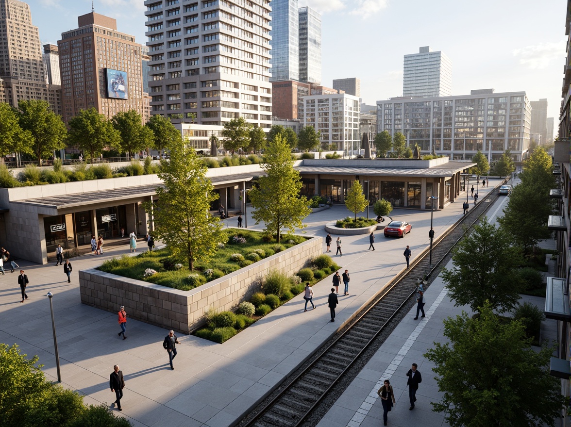 Prompt: Vibrant train station plaza, lush green roofs, natural stone walls, modern architecture, large glass canopies, steel beams, urban landscape integration, pedestrian-friendly walkways, bike lanes, public art installations, dynamic lighting systems, shallow depth of field, 3/4 composition, panoramic view, realistic textures, ambient occlusion, bustling city atmosphere, morning commute scene, soft warm lighting.