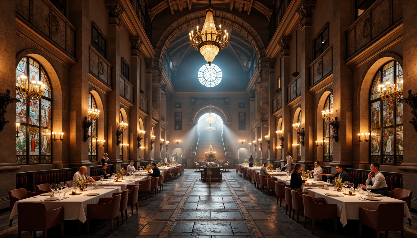 Prompt: Grand dining hall, ornate columns, rustic stone walls, vaulted ceilings, stained glass windows, warm candlelight, rich wood furnishings, elegant chandeliers, lavish textiles, intricate carvings, medieval-inspired architecture, robust archways, imposing pillars, dramatic verticality, atmospheric misting, soft warm lighting, 1/1 composition, realistic textures, ambient occlusion.