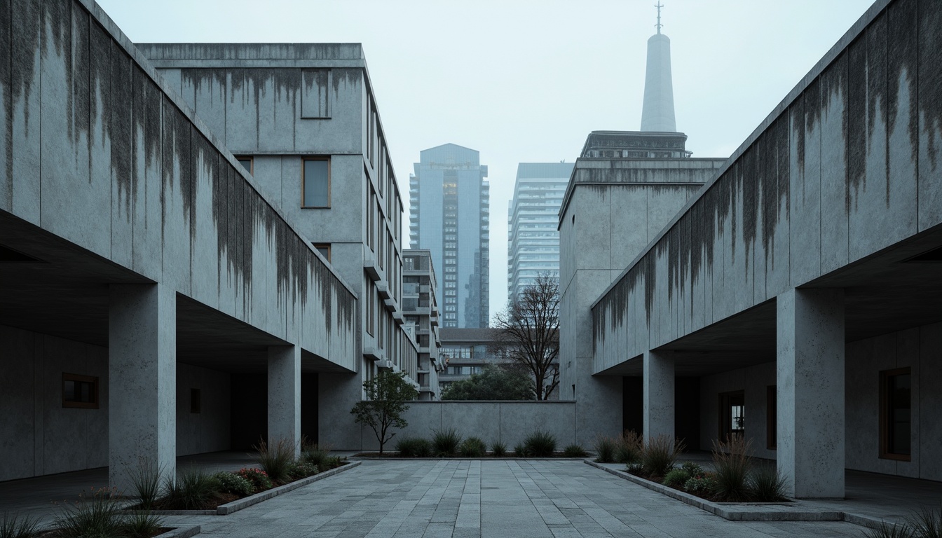 Prompt: Monochromatic brutalist architecture, raw concrete textures, industrial materials, bold geometric forms, minimalist aesthetic, muted earthy tones, cold blue-grey hues, stark white accents, dramatic shadows, high-contrast lighting, abstract compositions, urban cityscape, overcast skies, moody atmospheric conditions, cinematic framing, 1/1 composition, low-key illumination, realistic renderings.