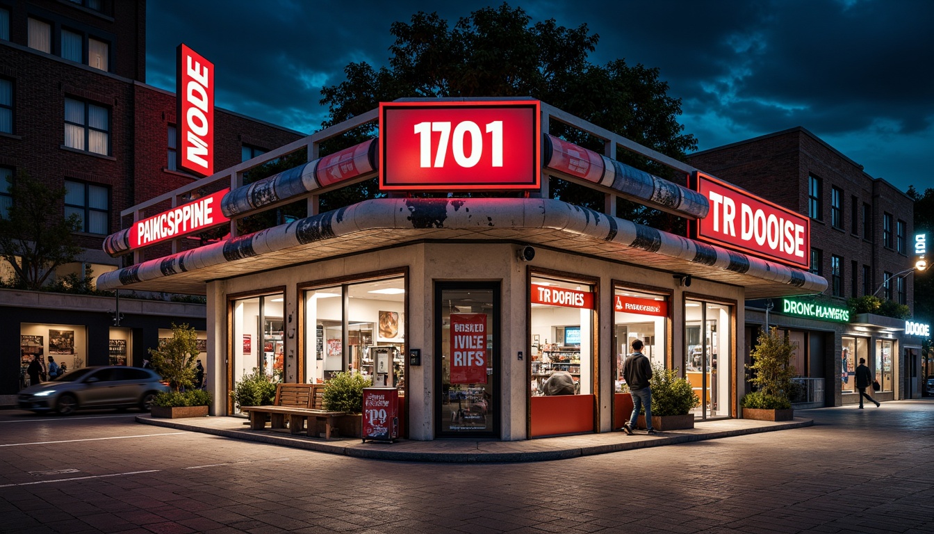 Prompt: Vibrant gas station, eclectic facade design, bold color scheme, irregular shapes, mixed materials, industrial pipes, neon signs, retro-futuristic elements, distressed textures, urban landscape, busy streets, city lights, dramatic night lighting, high-contrast shadows, dynamic composition, 1/2 format, cinematic atmosphere, realistic reflections.