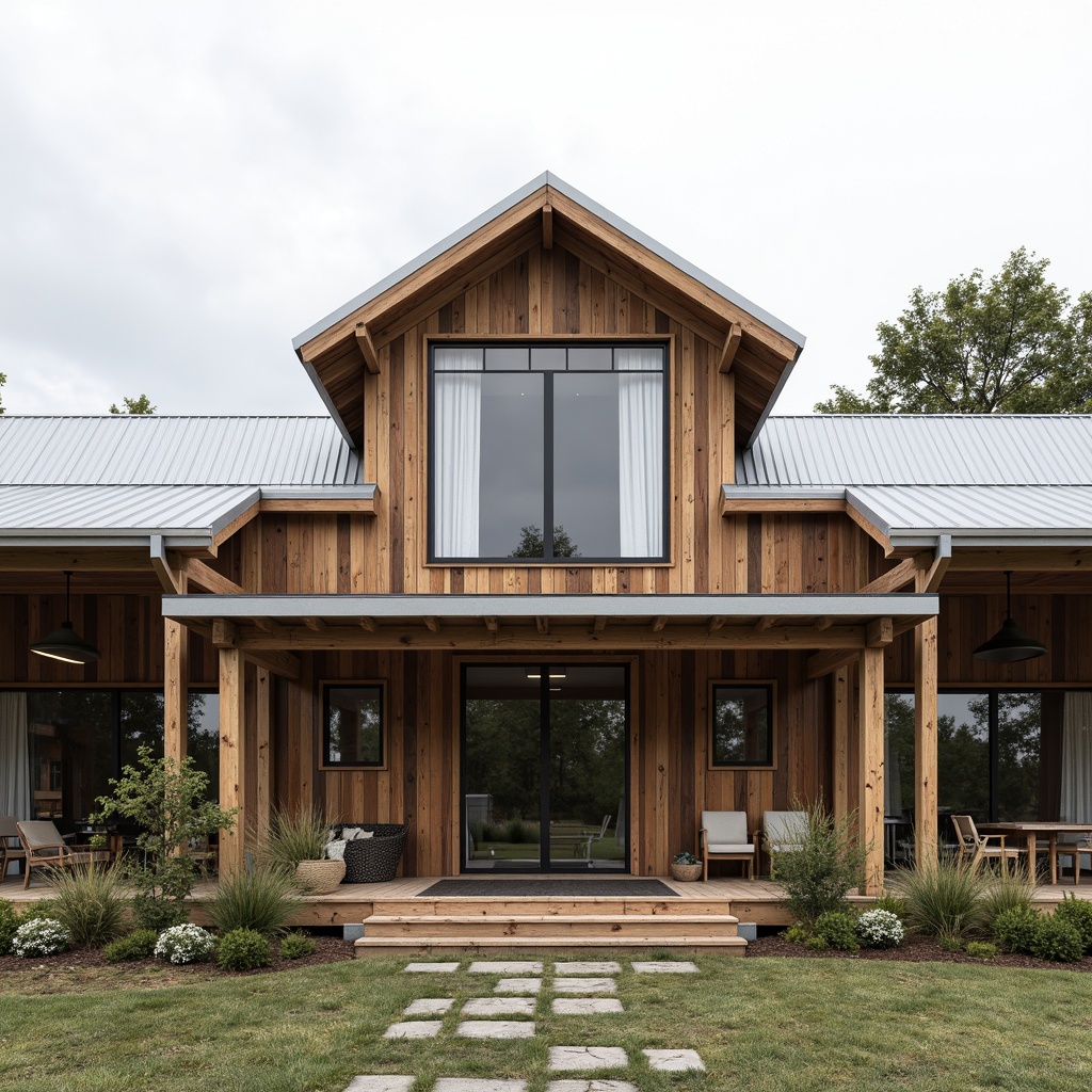 Prompt: Rustic barn, horizontal wooden boards, corrugated metal roofs, modern farmhouse aesthetic, clean lines, minimal ornamentation, large windows, sliding glass doors, natural stone foundations, steel beams, industrial chic accents, reclaimed wood textures, earthy color palette, overcast sky, soft diffused lighting, shallow depth of field, 2/3 composition, symmetrical framing, realistic weathering effects.