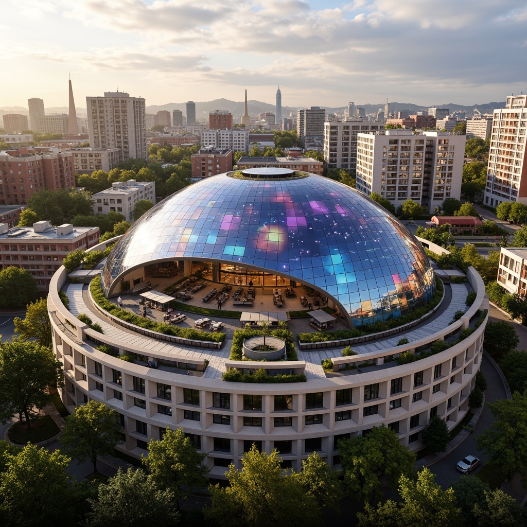 Prompt: Curved planetarium dome, futuristic architecture, iridescent glass facade, LED light installations, celestial patterned walls, astronomical observatory, social housing complex, modern residential buildings, green roofs, solar panels, wind turbines, community gardens, public art installations, vibrant colorful murals, geometric patterned balconies, cantilevered structures, urban landscape, cityscape views, warm golden lighting, shallow depth of field, 1/1 composition, realistic textures, ambient occlusion.