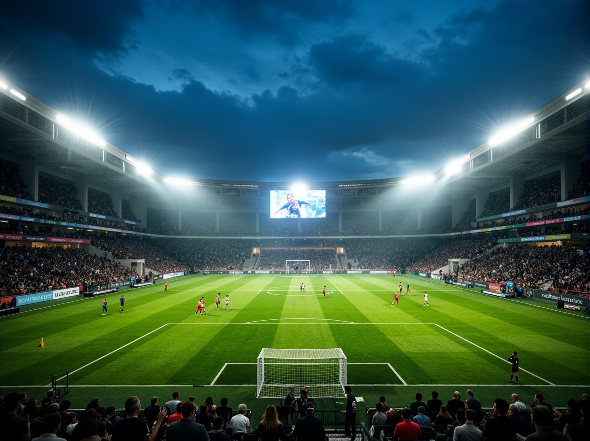 Prompt: Floodlit soccer stadium, vibrant green grass, evening atmosphere, dramatic shadows, high-intensity LED lights, uniform illumination, 3000K warm white tone, glare-free lighting, spectator seating areas, player tunnels, goalposts, scoreboards, giant video screens, dynamic light shows, pre-game entertainment, halftime performances, nighttime events, atmospheric fog effects, misty ambiance, shallow depth of field, 1/2 composition, wide-angle lens, realistic textures, ambient occlusion.