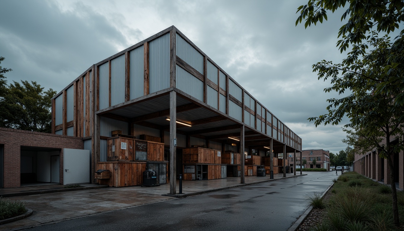 Prompt: Industrial warehouse, galvanized steel structure, corrugated metal sheets, rustic aesthetic, distressed finishes, urban landscape, cloudy sky, dramatic lighting, high contrast, shallow depth of field, 1/2 composition, realistic textures, ambient occlusion.