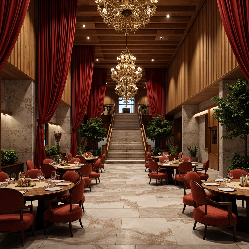 Prompt: Luxurious dining hall, rich wood paneling, velvet drapes, ornate chandeliers, marble flooring, metallic accents, plush furniture, natural stone walls, grand staircase, high ceilings, dramatic lighting, warm color palette, soft shadows, 1/1 composition, shallow depth of field, realistic textures, ambient occlusion.