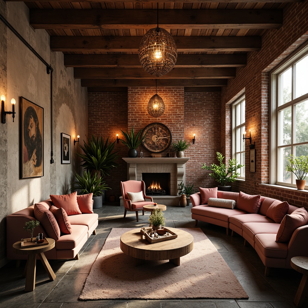 Prompt: Warm industrial loft, exposed brick walls, wooden beams, metal accents, soft warm lighting, cozy atmosphere, romantic ambiance, rich earthy tones, muted pastel hues, distressed wood textures, vintage decorative items, plush velvet fabrics, ornate metal fixtures, dimmable pendant lamps, eclectic artwork, natural stone flooring, reclaimed wood furniture, intimate seating areas, dramatic drapery, moody color palette, warm beige tones, soft peach accents, dusty rose undertones, muted sage greens, weathered copper details.