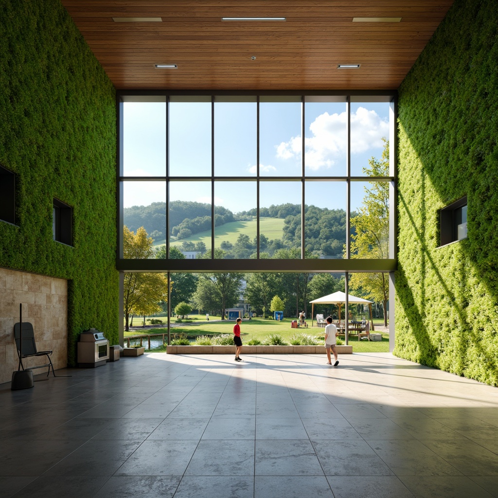 Prompt: Vibrant gymnasium interior, lush green walls, natural stone flooring, wooden accents, floor-to-ceiling windows, abundant daylight, panoramic views, outdoor landscape integration, rolling hills, verdant meadows, serene water features, walking trails, athletic tracks, sports equipment, modern architecture, minimalist design, eco-friendly materials, sustainable energy solutions, solar panels, shaded outdoor spaces, misting systems, realistic textures, ambient occlusion, shallow depth of field, 3/4 composition.