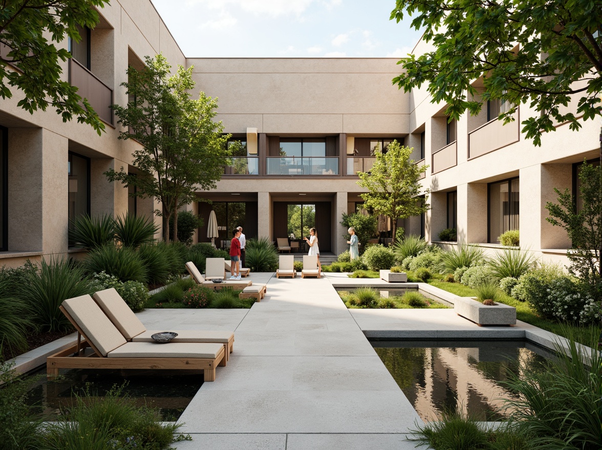 Prompt: Soothing hospital courtyard, lush greenery, calming water features, natural stone pathways, minimalist benches, modern sculptures, serene ambiance, warm neutral tones, clean lines, simple forms, functional planters, low-maintenance gardens, peaceful atmosphere, soft diffused lighting, shallow depth of field, 1/1 composition, realistic textures, ambient occlusion.