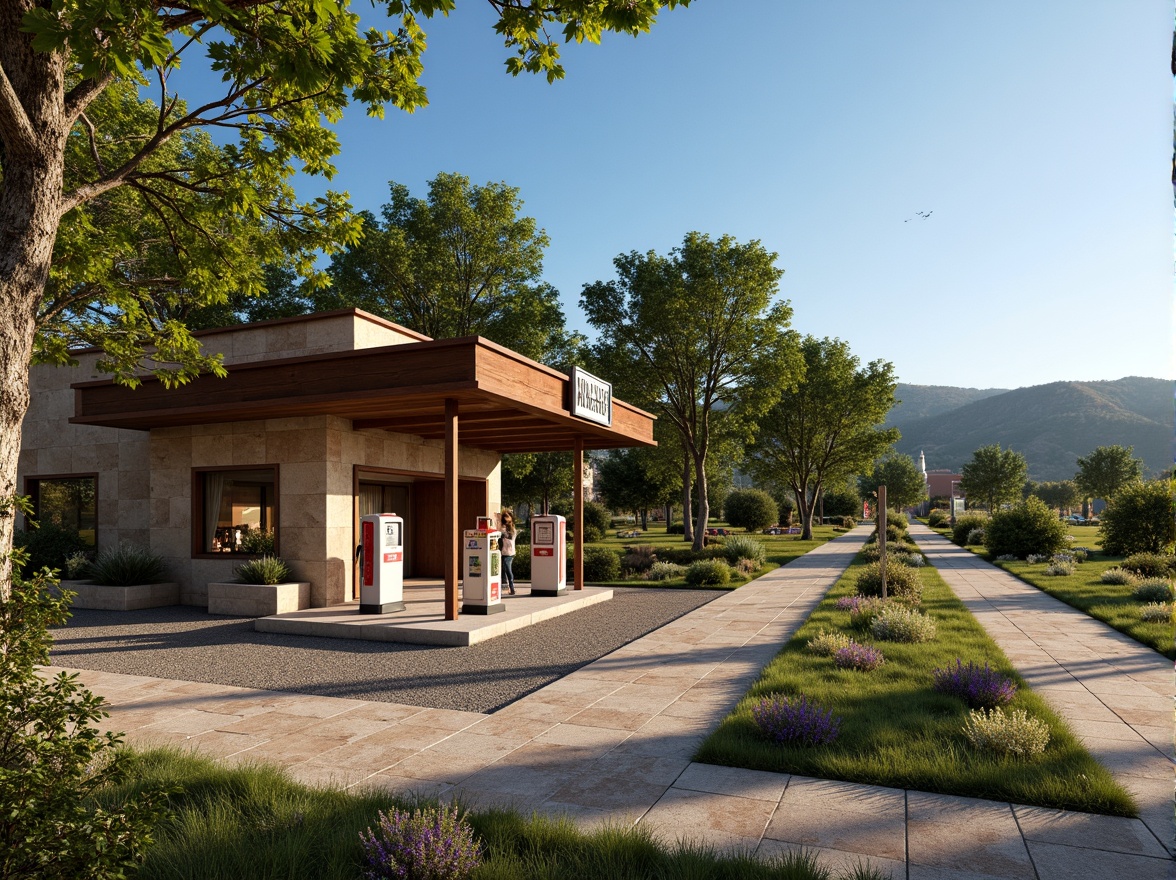 Prompt: Rustic gas station, regionalism style, earthy tones, natural stone walls, wooden accents, vintage fuel pumps, retro signage, lush greenery, native plants, wildflowers, meandering walkways, gravel driveways, rural landscape, rolling hills, blue skies, warm sunlight, soft shadows, 1/2 composition, shallow depth of field, realistic textures, ambient occlusion.