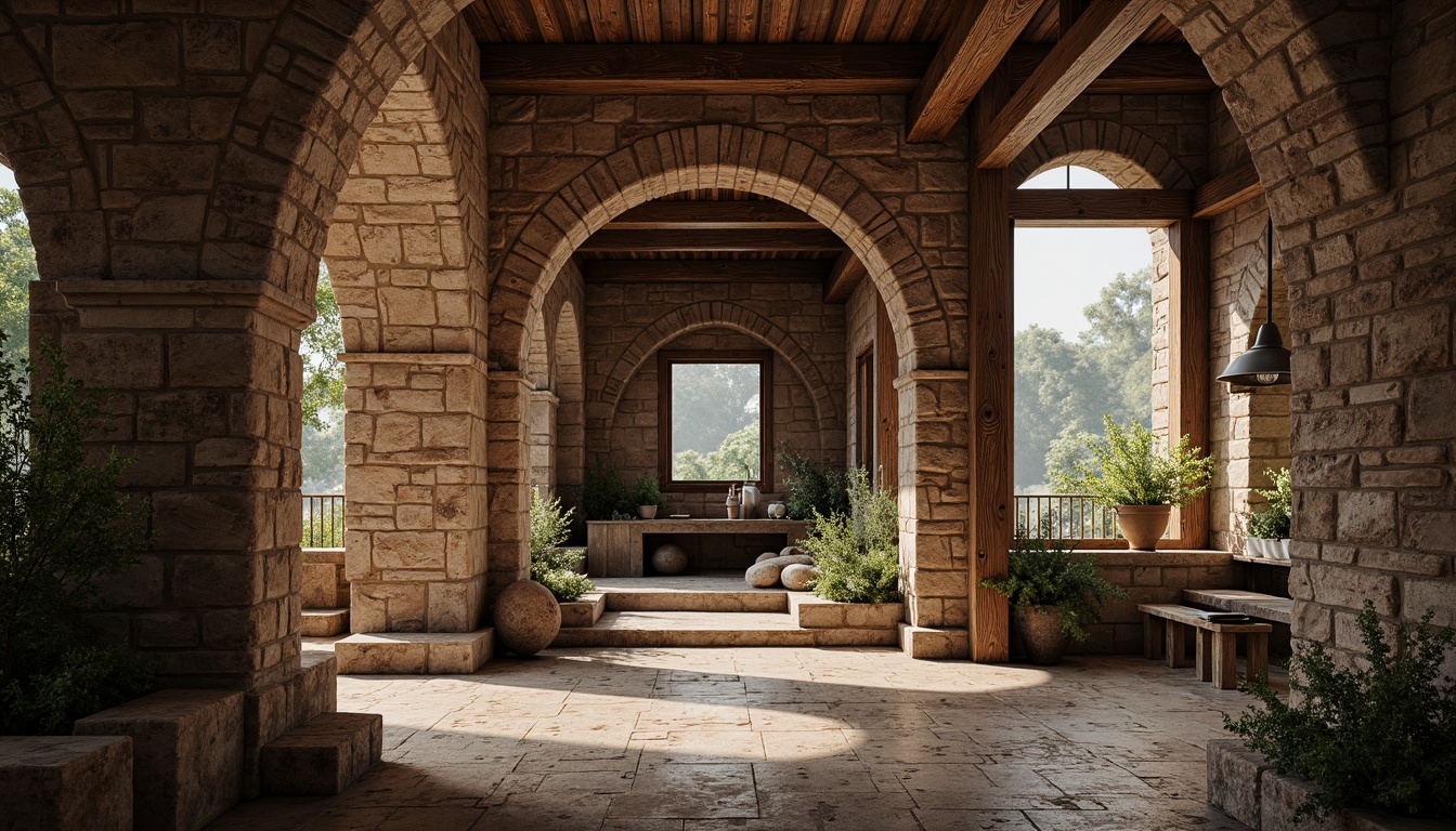 Prompt: Rustic stone walls, weathered wooden planks, rough-hewn concrete columns, tactile brick facades, ornate metalwork details, intricate stonework patterns, natural rock formations, earthy tones, organic shapes, curved lines, asymmetrical compositions, warm ambient lighting, soft shadows, high-contrast textures, realistic material renderings, detailed normal maps, subtle bump mapping, cinematic camera angles, dramatic depth of field.