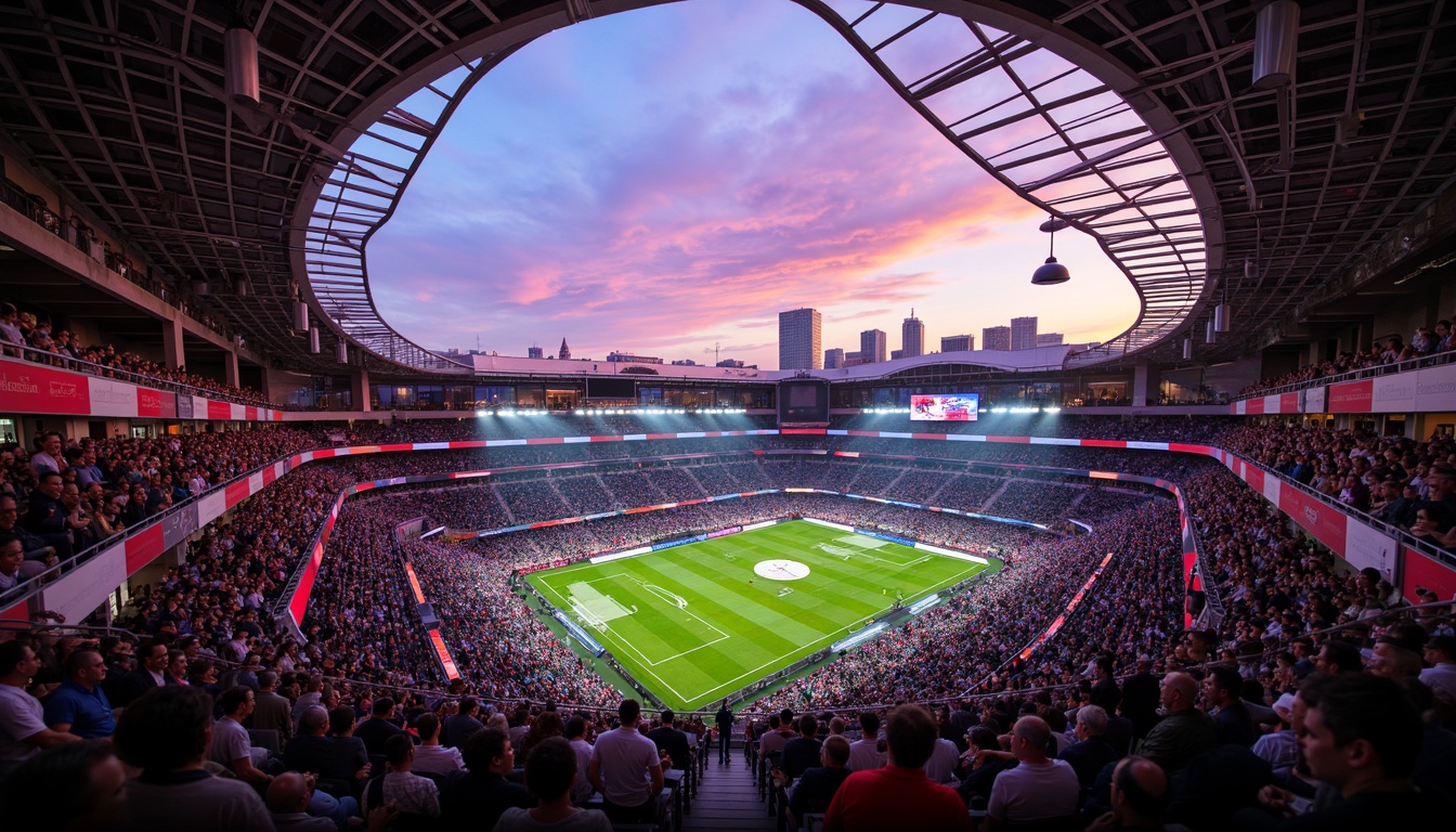 Prompt: Vibrant stadium atmosphere, energetic crowd, dynamic sports lighting, bold team colors, contrasting shades, gradient effects, metallic accents, sleek modern architecture, curved lines, geometric patterns, urban landscape, city skyline, evening sunset, warm golden hour, soft ambient glow, 1/2 composition, shallow depth of field, realistic textures, ambient occlusion.