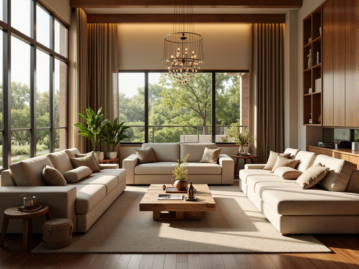 Prompt: Cozy living room, plush sofas, warm beige walls, rich wood flooring, soft golden lighting, comfortable throw pillows, modern minimalist decor, large windows, natural daylight, lush greenery views, elegant chandeliers, sophisticated color palette, calming atmosphere, shallow depth of field, 1/1 composition, realistic textures, ambient occlusion.