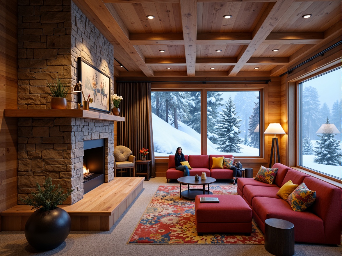 Prompt: Cozy ski lodge interior, warm wooden accents, plush throw blankets, vibrant colorful upholstery, soft carpeted floors, rustic stone fireplaces, modern minimalist furniture, sleek metal lighting fixtures, snowflake-inspired patterns, frosty winter scenery, snowy mountain views, frozen lake backgrounds, crisp cold air, warm inviting ambiance, 1/1 composition, shallow depth of field, realistic textures, ambient occlusion.