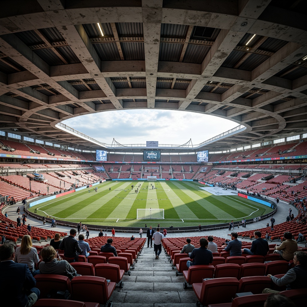 Prompt: Deconstructed soccer stadium interior, fragmented seating areas, irregularly shaped concession stands, distressed concrete walls, exposed ductwork, industrial-style lighting fixtures, reclaimed wood accents, abstract art installations, dynamic angular lines, asymmetrical compositions, bold color schemes, futuristic digital displays, immersive audio systems, atmospheric misting effects, 3/4 composition, shallow depth of field, realistic textures, ambient occlusion.