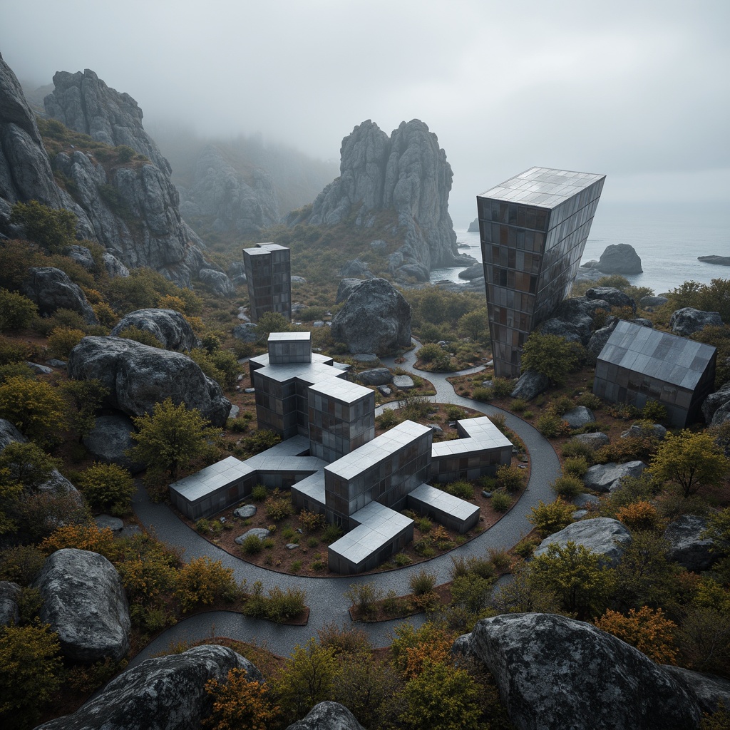 Prompt: Fragmented landscape, rocky outcrops, meandering paths, abstract sculptures, deconstructed buildings, irregular forms, fractured lines, dynamic volumes, cantilevered structures, reflective surfaces, metallic materials, bold color contrasts, dramatic lighting effects, misty atmosphere, shallow depth of field, 1/1 composition, panoramic view, realistic textures, ambient occlusion.