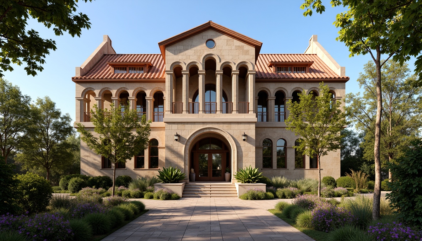 Prompt: Romanesque style building, ornate stone carvings, curved archways, grandiose entrance, terracotta roofing tiles, rustic clay shingles, weathered copper accents, intricate stonework patterns, lush greenery, blooming vines, sunny day, warm golden lighting, shallow depth of field, 3/4 composition, panoramic view, realistic textures, ambient occlusion.