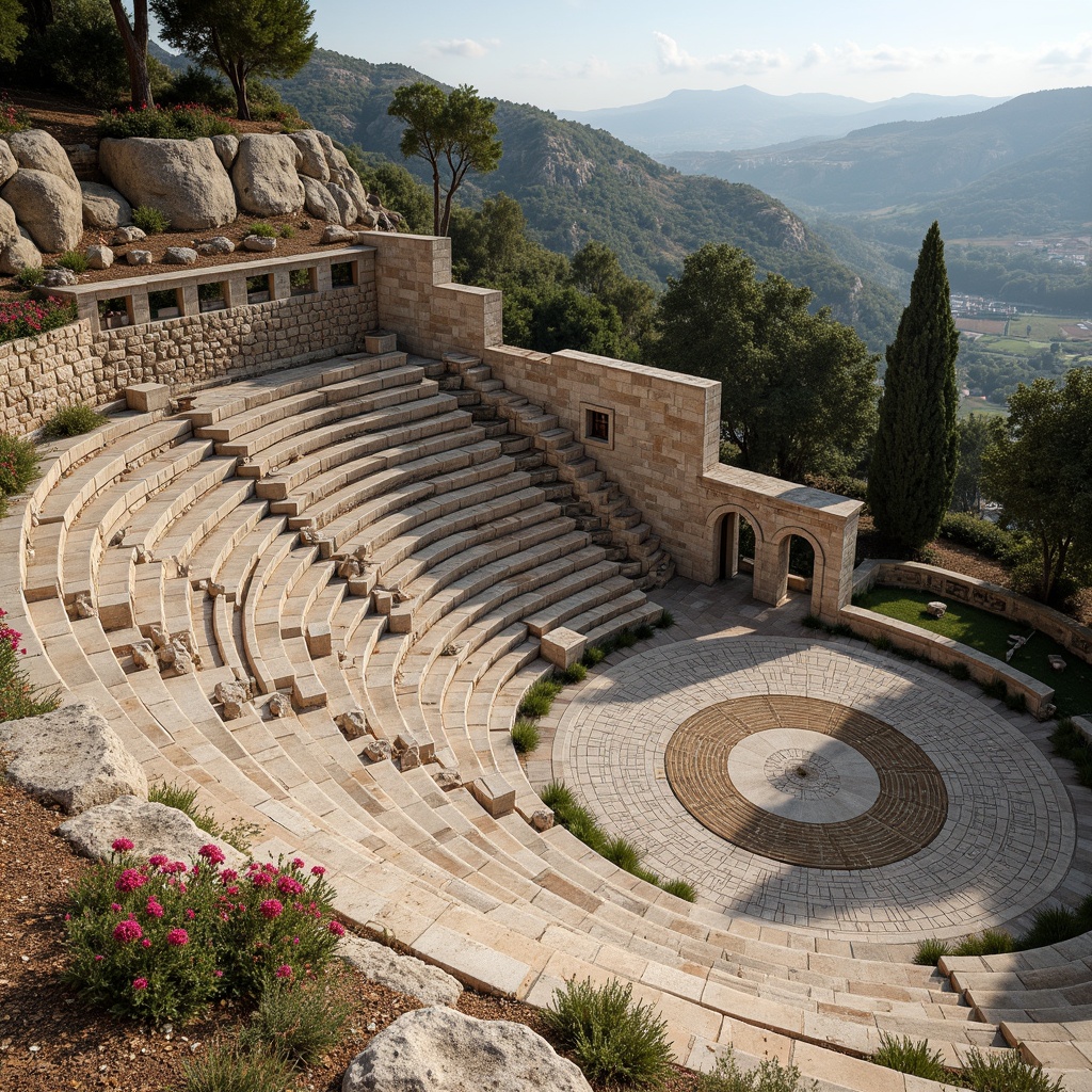 Prompt: Ancient Greek amphitheater, rustic stone seating, weathered wooden benches, natural rock formations, lush greenery surroundings, Mediterranean landscape, warm sunny day, soft diffused lighting, shallow depth of field, 3/4 composition, panoramic view, realistic textures, ambient occlusion, rough-hewn stone walls, ornate marble columns, intricate mosaic patterns, vibrant colorful textiles, comfortable cushioning, ergonomic seating design.